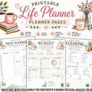 May include: Printable Life Planner pages with Daily, Budget, and Cleaning Checklist templates. Includes floral and heart illustrations, with text: "Printable US Letter 21.6 x 27.9 cm, Instant Download, Beautiful & Functional Design, Multi-Use for Every Area of Your Life."
