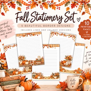 May include: A digital autumn stationery set featuring 10 printable pages with 5 border designs. The pages include lined and unlined versions decorated with autumn leaves, pumpkins, sunflowers, and plaid ribbons. Text includes Fall Stationery Set.