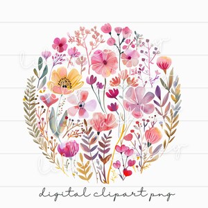 May include: A watercolor illustration of a circle of pink, yellow, and purple flowers with green leaves and stems on a white background.