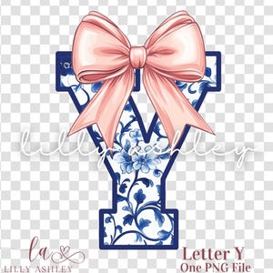 Letra PNG con lazo coqueto - Archivo de una letra "Y" - Monograma floral azul chinoiserie, inicial PNG con lazo coqueto para camisa, sudadera o bolso