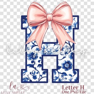 Letra PNG con lazo coqueto - Archivo de una letra "H" - Monograma floral azul chinoiserie, inicial PNG con lazo coqueto para camisa, sudadera o bolso