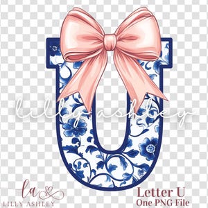 Letra PNG con lazo coqueto - Archivo de una letra "U" - Monograma floral azul chinoiserie, inicial PNG con lazo coqueto para camisa, sudadera o bolso