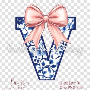 Letra PNG con lazo coqueto - Archivo de una letra "V" - Monograma floral azul chinoiserie, inicial PNG con lazo coqueto para camisa, sudadera o bolso