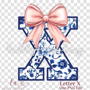 Letra PNG con lazo coqueto - Archivo de una letra "X" - Monograma floral azul chinoiserie, inicial PNG con lazo coqueto para camisa, sudadera o bolso