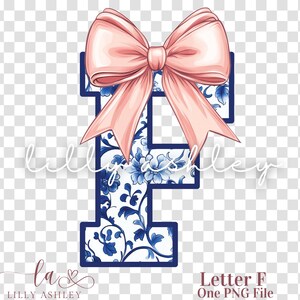 Letra PNG con lazo coqueto - Archivo de una letra "F" - Monograma floral azul chinoiserie, inicial PNG con lazo coqueto para camisa, sudadera o bolso