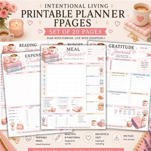 Könnte beinhalten: Ein Set aus 20 druckbaren Planerseiten in sanften Rosa- und Pastelltönen. Die Seiten enthalten Abschnitte für einen Essensplaner, Ausgabenverfolger und ein Dankbarkeitstagebuch, verziert mit Illustrationen von Kaffeetassen und Büchern.