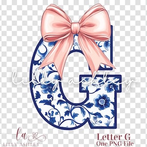 Letra PNG con lazo coqueto - Archivo de una letra "G" - Monograma floral azul chinoiserie, inicial PNG con lazo coqueto para camisa, sudadera o bolso