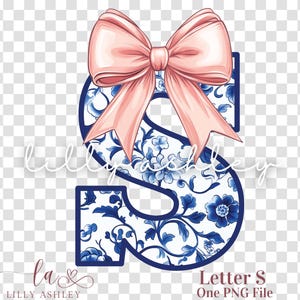 Letra PNG con lazo coqueto - Archivo de una letra "S" - Monograma floral azul chinoiserie, inicial PNG con lazo coqueto para camisa, sudadera o bolso