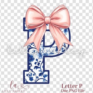 Letra PNG con lazo coqueto - Archivo de una letra "P" - Monograma floral azul chinoiserie, inicial PNG con lazo coqueto para camisa, sudadera o bolso