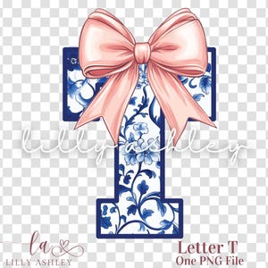 Letra PNG con lazo coqueto - Archivo de una letra "T" - Monograma floral azul chinoiserie, inicial PNG con lazo coqueto para camisa, sudadera o bolso