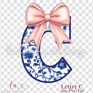 Letra PNG con lazo coqueto - Archivo de una letra "C" - Monograma floral azul chinoiserie, inicial PNG con lazo coqueto para camisa, sudadera o bolso