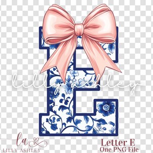 Letra PNG con lazo coqueto - Archivo de una letra "E" - Monograma floral azul chinoiserie, inicial PNG con lazo coqueto para camisa, sudadera o bolso