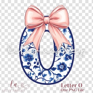 Letra PNG con lazo coqueto - Archivo de una letra "O" - Monograma floral azul chinoiserie, inicial PNG con lazo coqueto para camisa, sudadera o bolso