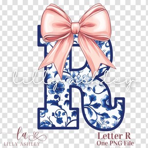 Letra PNG con lazo coqueto - Archivo de una letra "R" - Monograma floral azul chinoiserie, inicial PNG con lazo coqueto para camisa, sudadera o bolso