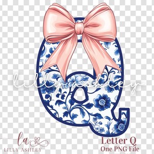 Letra PNG con lazo coqueto - Archivo de una letra "Q" - Monograma floral azul chinoiserie, inicial PNG con lazo coqueto para camisa, sudadera o bolso