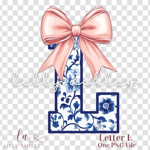 Letra PNG con lazo coqueto - Archivo de una letra "L" - Monograma floral azul chinoiserie, inicial PNG con lazo coqueto para camisa, sudadera o bolso