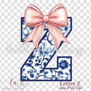 Letra PNG con lazo coqueto - Archivo de una letra "Z" - Monograma floral azul chinoiserie, inicial PNG con lazo coqueto para camisa, sudadera o bolso