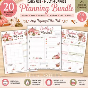 Op de afbeelding: Een digitale plannerbundel van 20 pagina's met herfstthema's zoals pompoenen en bloemen. De set bevat een dagplanner, maaltijdplanner en budgetplanner in het formaat 21,59 x 27,94 cm, uitgevoerd in zachte roze en herfsttinten.