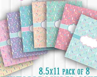 May include: Eight printable 8.5x11 inch binder covers with a colorful confetti pattern. The covers can also be used as section dividers. The text "8.5x11 PACK OF 8 PRINTABLE BINDER COVERS {OR USE AS SECTION DIVIDERS} lilly ashley designables also includes matching backings!" is included in the image.