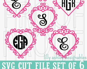 Monogram SVG files set of 6 cut files-Heart svg monogram svg valentine monogram heart monogram (monograms not included, designs come black)