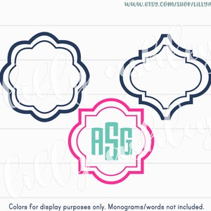 May include: Three different frame designs in navy blue and pink. The frames are outlined in a double line. The center frame has the letters "ASC" in teal inside.