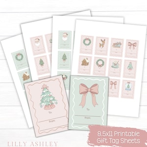 May include: Printable gift tag sheets featuring various Christmas-themed designs. The tags include images of Santa Claus, Christmas trees, wreaths, and bows, in soft pastel colors. The text "To:" and "From:" are included on each tag. The sheets are 8.5x11 inches.