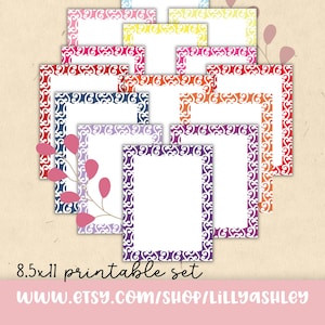 May include: A set of 8.5x11 inch printable frames with a white swirl design on a colorful background. The frames are in various colors, including red, orange, yellow, green, blue, purple, and pink. The text "8.5x11 printable set" and "www.etsy.com/shop/lillyashley" is at the bottom of the image.