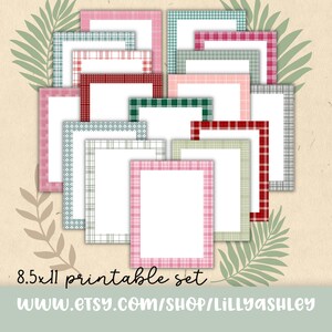 May include: A set of 12 printable 8.5x11 inch digital paper frames with plaid patterns in red, green, pink, and blue. The frames are perfect for adding a touch of rustic charm to your projects.