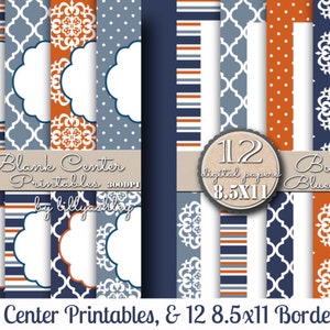 BUNDLE of 36 Printables includes 3 packs! orange digital paper printable border paper blue orange digital paper border paper navy and orange