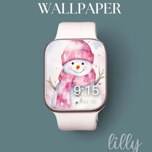 Esfera de Apple Watch, Fondo de muñeco de nieve para reloj inteligente, Fondo de pantalla de reloj con temática invernal, Esfera de Apple Watch navideña, Fondo de pantalla de reloj rosa festivo