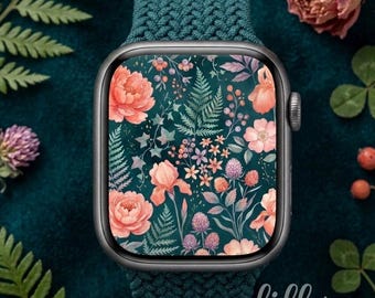 Floral Apple Watch Face Download, Teal Botanical Watch Face, Vintage Flower Watch Wallpaper, Feminine Aesthetic Digital Watch Face