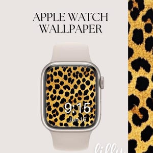 Könnte beinhalten: Eine weiße Apple Watch mit einem Zifferblatt im Leopardenmuster. Das Zifferblatt zeigt die Uhrzeit 9:15 und das Datum 16. Juni. Der Text "Sofort-Download" und "lilly ashley" steht unter der Uhr.