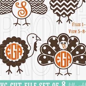 May include: Set of eight SVG cut files featuring a Thanksgiving turkey design with different patterns. The turkeys are brown and orange with a monogram in the center. The text "FILES 1-4" and "VIEW 5-8-->" is visible in the image. The text "SVG CUT FILE SET OF 8 lilly ashley" is visible at the bottom of the image. The text "Colors for display purposes only. Monograms not included." is visible below the title. The text "When using Silhouette Studio, this SVG format needs the Designer Edition. Use JPG format with trace function for standard edition of Studio." is visible at the bottom of the image.