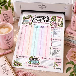 May include: A printed movement and exercise tracker sheet featuring pastel colors, floral illustrations, and a cat graphic. The document includes a daily activity grid, an activity key, goal setting sections, and habit checklists with motivational text.