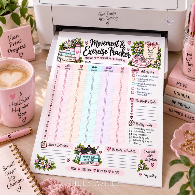 May include: A printed movement and exercise tracker sheet featuring pastel colors, floral illustrations, and a cat graphic. The document includes a daily activity grid, an activity key, goal setting sections, and habit checklists with motivational text.