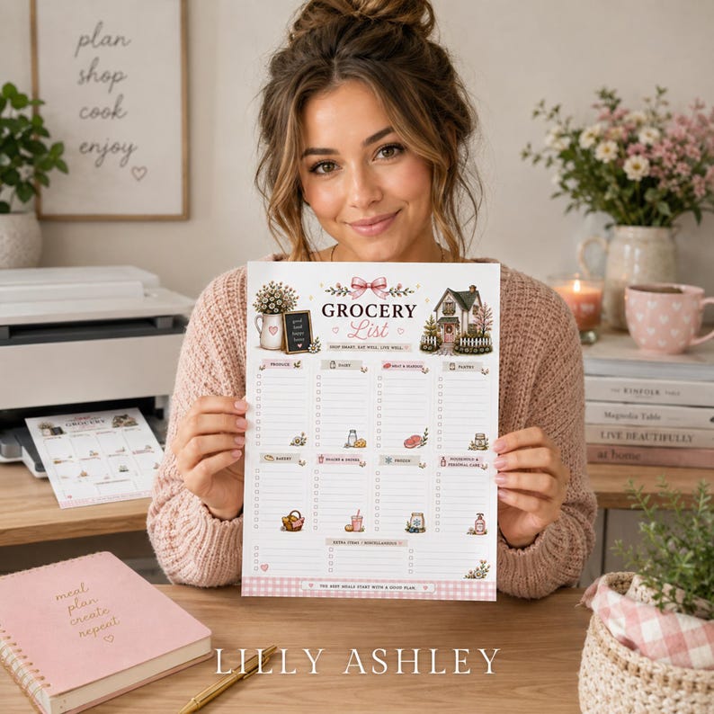 Puede incluir: Una lista de la compra en papel blanco con un lazo rosa, una ilustraci&oacute;n de una casa y secciones para productos frescos, l&aacute;cteos, carne y despensa. El texto dice Grocery List, Shop Smart, Eat Well, Live Well y Extra Items, con casillas.