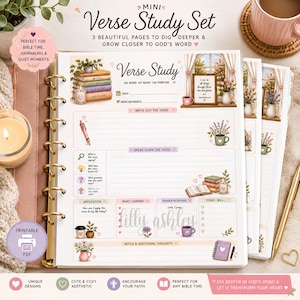 May include: A Mini Verse Study Set featuring three printable pages with floral and book illustrations. The layout includes sections for writing out verses, breaking them down, application, prayer response, and notes, with soft pastel accents.