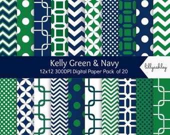 Lote de 20 papeles digitales / Fondos preppy / Patrones verde y azul marino / Descarga instantánea