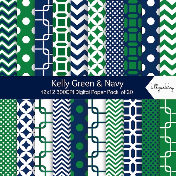 Green & Navy Digital Paper Pack of 20- 12x12 JPG Digital Backgrounds for Photography, invitations, scrapbook, social media post backgrounds