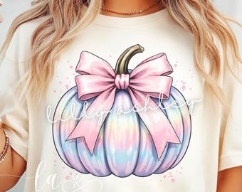 Pumpkin Bow PNG | Pumpkin Shirt PNG | Holographic Fall Design Pink Bow | Trending Fall Designs | Autumn Preppy Pumpkin Sublimation Download