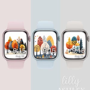 Op de afbeelding: Drie Apple Watch-wijzerplaten met een herfstthema met kleurrijke bomen en de tijd weergegeven als 9:15. De datum is 16 augustus. De wijzerplaten worden getoond op roze, blauwe en grijze bandjes.