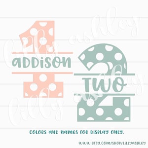 以下が含まれることがあります： ピンクと白のドット柄の数字1に、薄い緑色のフォントで「addison」という名前が書かれており、薄い緑と白のドット柄の数字2に、薄い緑色のフォントで「two」という単語が書かれています。画像の下部には、「色は表示用のみ」というテキストがあります。