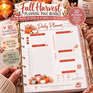 Op de afbeelding: Een Fall Harvest planner-pagina bundel met 30 pagina's voorzien van herfstachtige illustraties van pompoenen en bladeren. Het dagelijkse plannerblad bevat secties voor prioriteiten, een schema van 06:00 tot 21:00 uur, takenlijsten en notities.