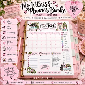 May include: A pink ring-bound planner featuring a Mood Tracker page with illustrations of cats, flowers, and books. The page includes sections for highlights, notes, reflections, and self-care ideas, with text reading My Wellness Planner Bundle.
