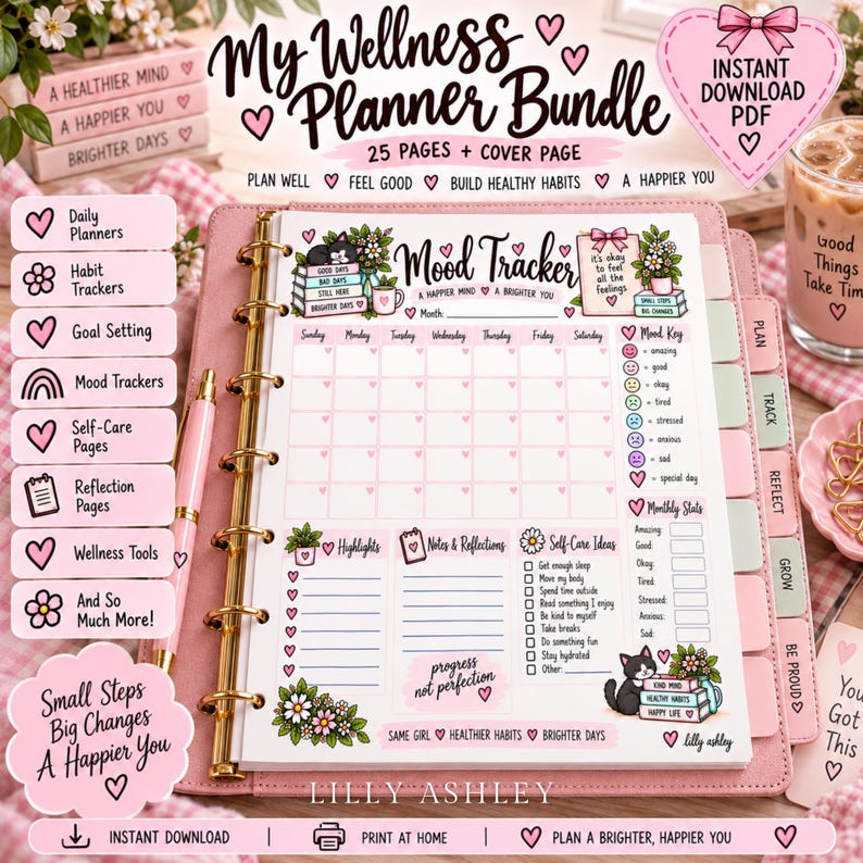 May include: A pink ring-bound planner featuring a Mood Tracker page with illustrations of cats, flowers, and books. The page includes sections for highlights, notes, reflections, and self-care ideas, with text reading My Wellness Planner Bundle.