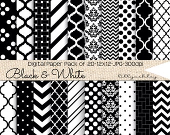 May include: A digital paper pack of 20 black and white patterns, each measuring 12x12 inches at 300 dpi. The patterns include geometric designs, polka dots, stripes, and damask.