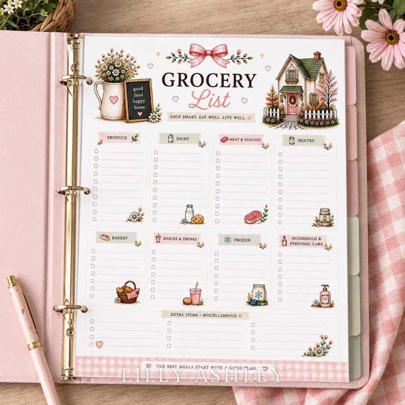Puede incluir: Una p&aacute;gina de lista de la compra impresa dentro de una carpeta rosa. La p&aacute;gina presenta una ilustraci&oacute;n de una casa de campo, un ramo de flores y secciones categorizadas para productos, l&aacute;cteos, carne, despensa, panader&iacute;a, snacks, congelados y hogar.