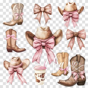 May include: A set of watercolor illustrations featuring cowboy hats, boots, and bows. The hats and boots are brown with pink bows. The bows are tied with pink ribbon.