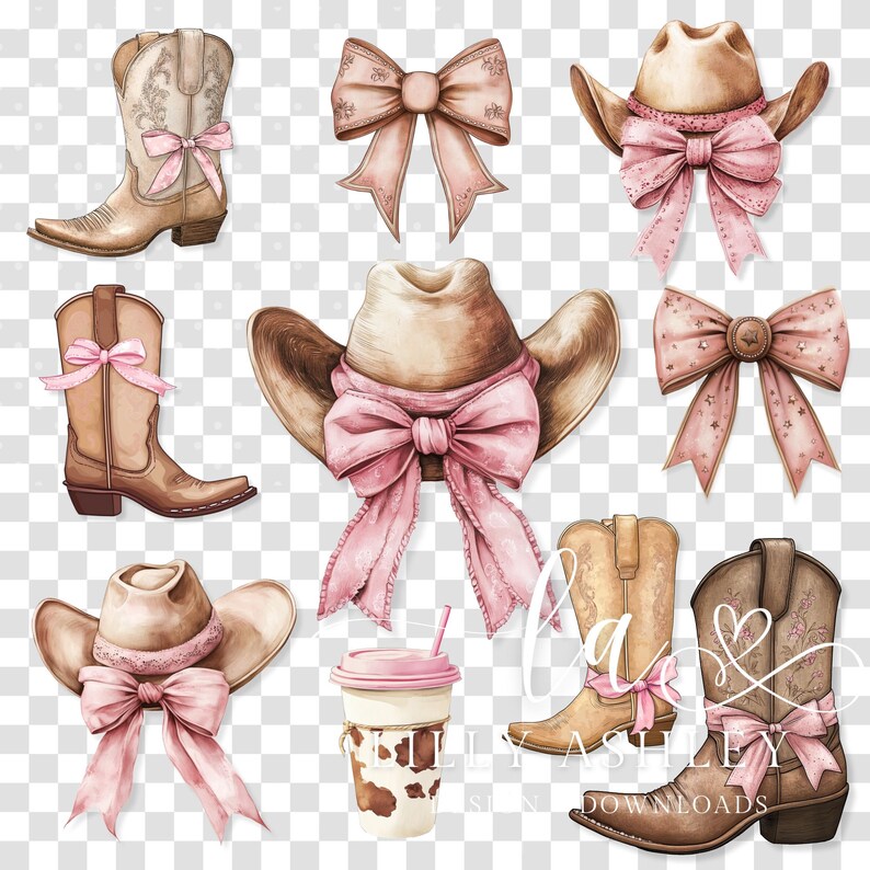 May include: A set of watercolor illustrations featuring cowboy hats, boots, and bows. The hats and boots are brown with pink bows. The bows are tied with pink ribbon.