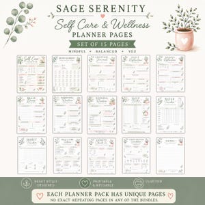 Op de afbeelding: Een set van 15 printbare plannerpagina's voor zelfzorg en welzijn genaamd Sage Serenity. De pagina's bevatten botanische illustraties, zachte groene en roze accenten, en trackers voor stemming, slaap, water, gewoontes en diverse werkbladen.